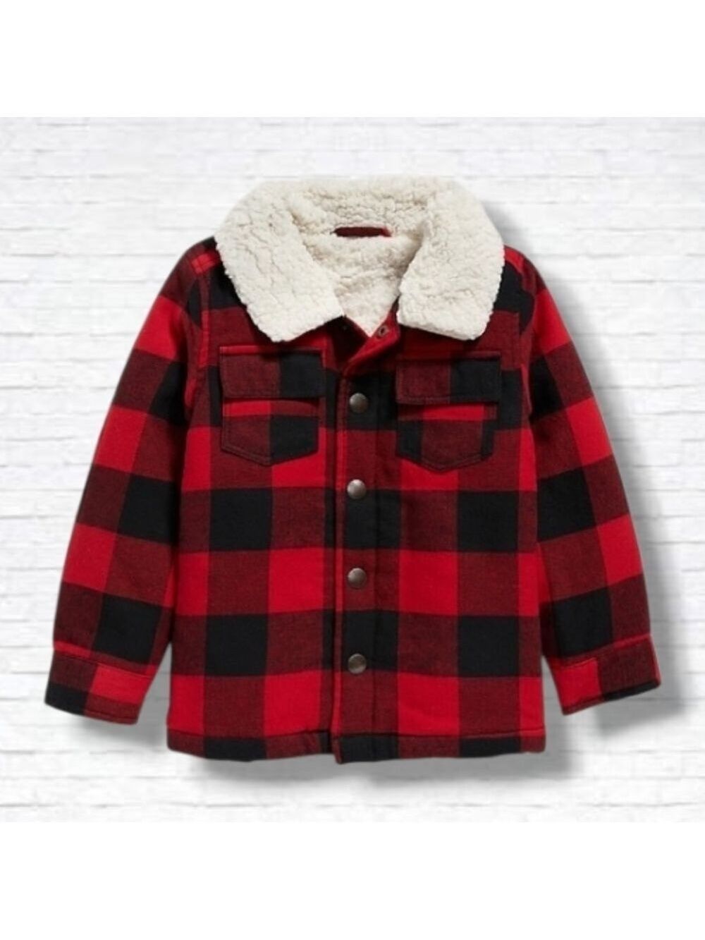 Old Navy Red & Black Buffalo Plaid Sherpa Lined Trucker Jacket Size 3T